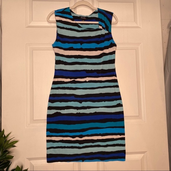 Dusak Designs Blue & Black Striped Career Dress Size Medium Made in Canada - Picture 1 of 5